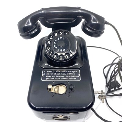Tln Mü 55b Münzfernsprecher mit Schlüsseln und 10Pf-Stücken Telefon Groschengrab TAE-Stecker alt antik Bakelit